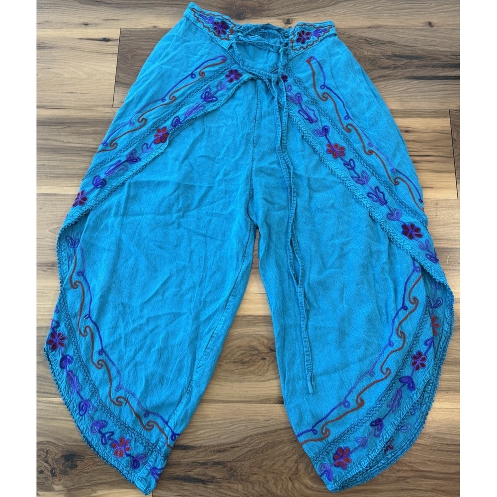 Vintage Embroidered Harem Pants Turquoise Boho Festival Genie Balloon Pants OS